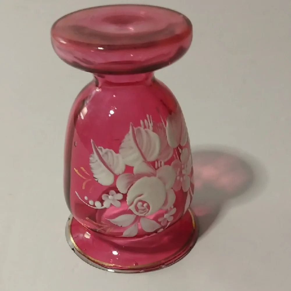 Vintage Bohemian Chezoslovkia Mini Hand Painted Cranberry Vase - Picture 2 of 5